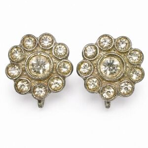 Vintage Sterling Silver Clear Rhinestone Floral Screw Back Earrings Estate 6.84g